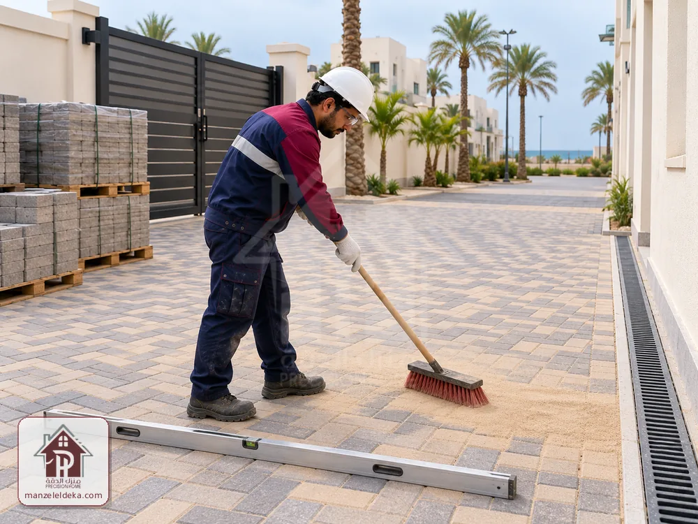 فني يكنس رمل الفواصل على بلاط إنترلوك مستوٍ بعد معالجة الهبوط في الدمام