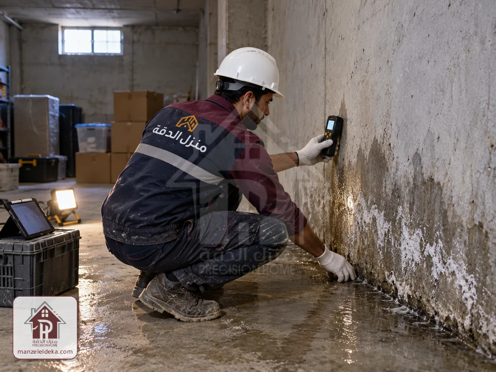 فني يقيس رطوبة جدار قبو متشبع بالمياه والأملاح قبل الحقن في الدمام