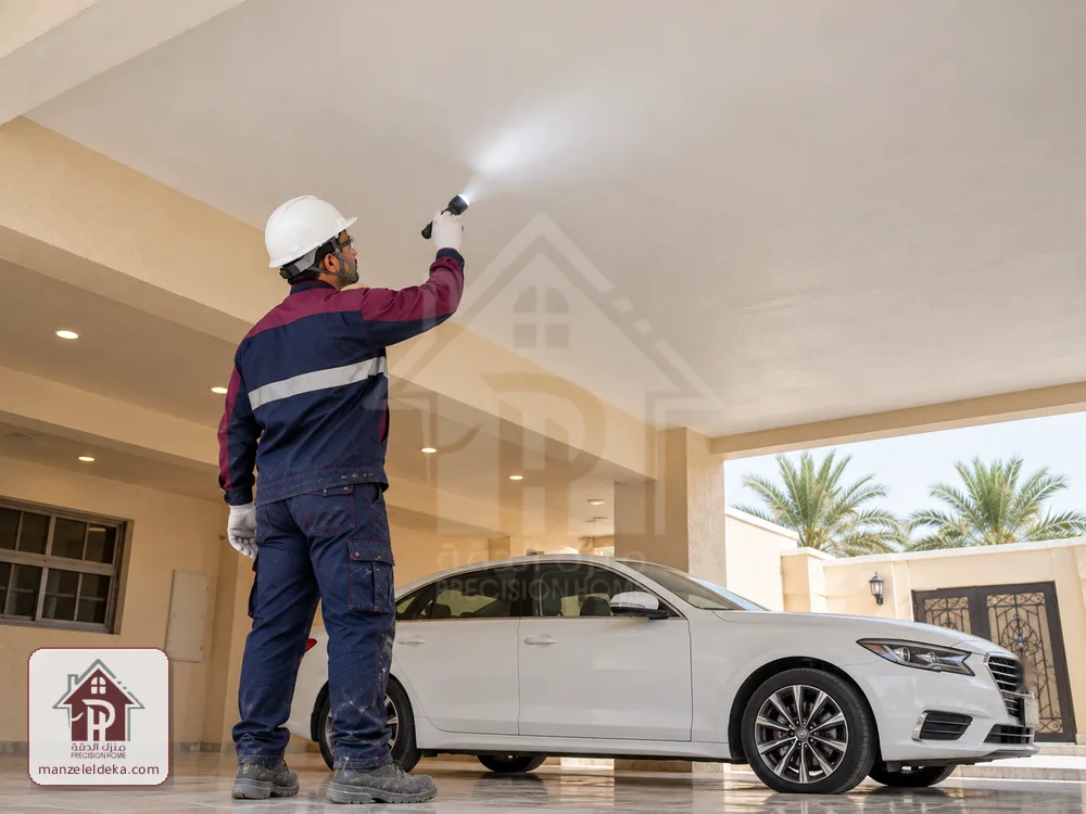 فني يفحص سقف مظلة السيارات بعد ترميم الخرسانة في فيلا بالرياض