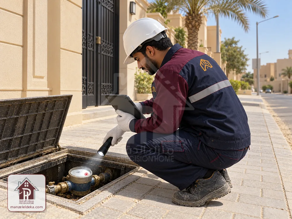 فني يفحص عداد المياه أمام فيلا بالكشاف ضمن كشف تسربات المياه في الرياض