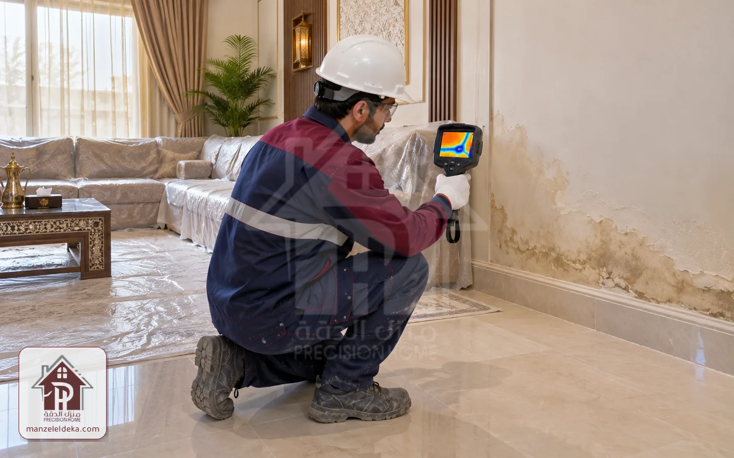 فحص بقعة رطوبة على جدار مجلس بكاميرا حرارية لكشف تسربات المياه في الرياض