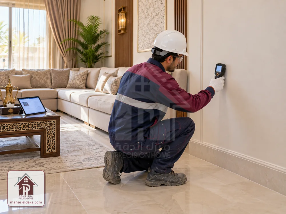 فني يقيس رطوبة جدار مجلس بعد إصلاح التسرب وإعادة الدهان في الرياض