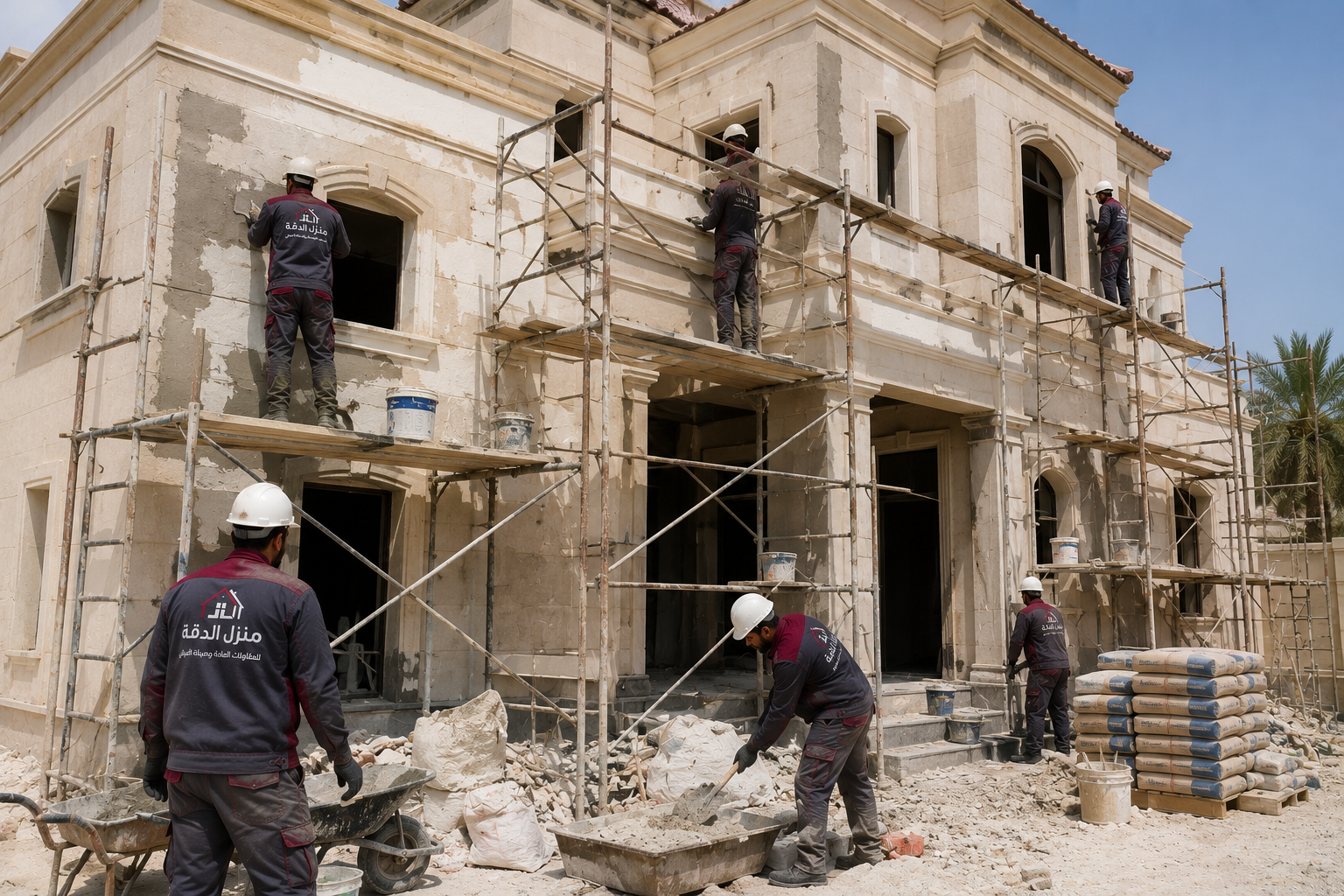 فريق من منزل الدقة ينفذ أعمال ترميم مبنى سكني ومعالجة التشققات الخرسانية باستخدام معدات احترافية في المملكة العربية السعودية.