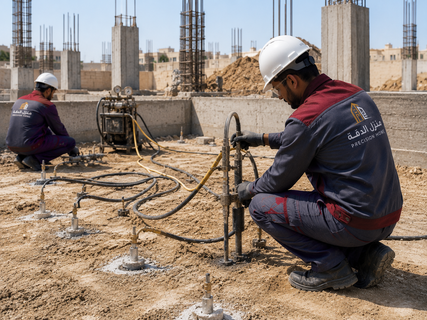 فني من منزل الدقة ينفذ أعمال حقن التربة باستخدام معدات متخصصة في مشروع داخل السعودية